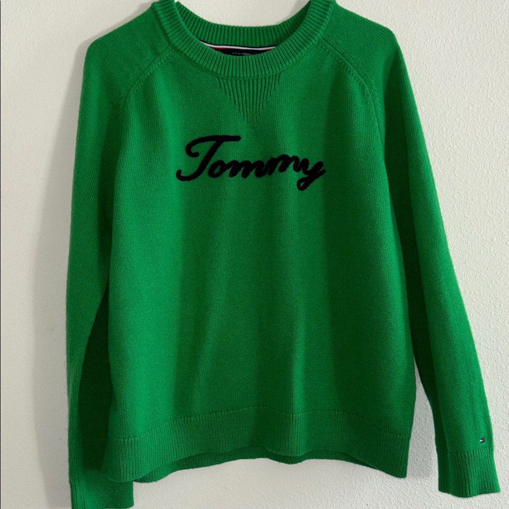 Tommy Hilfiger Green Crewneck Sweater with Black 'Tommy' Script